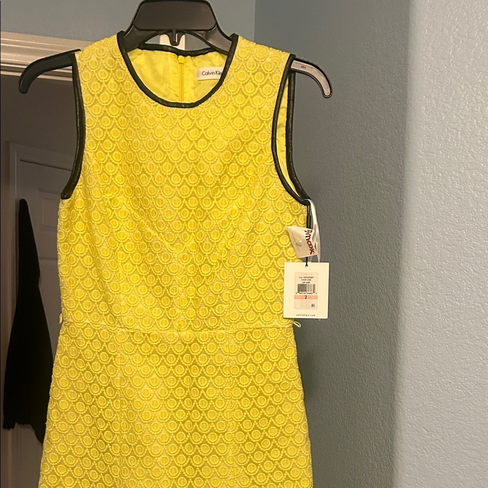 Calvin Klein Bright Yellow Lace Sleeveless Sheath Dress with Black Trim